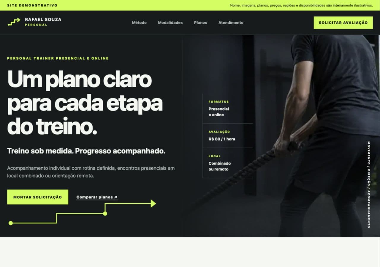 Página do demo Rafael Souza Personal, com apresentação do treino e imagem esportiva