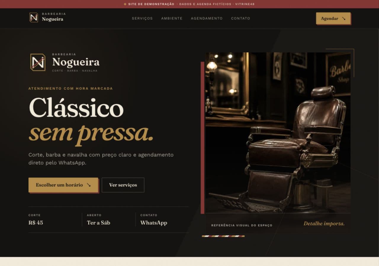 Página do demo Barbearia Nogueira, com serviços e cadeira clássica de barbearia